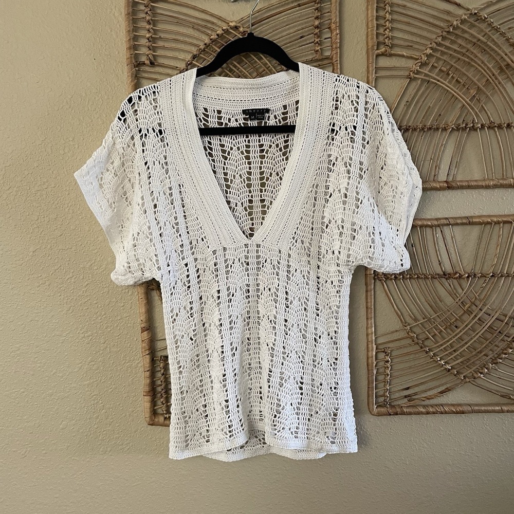 Theory Open Knit Crochet Blouse Top Cover-Up White Boho Beachy Coastal Y2K Sz M